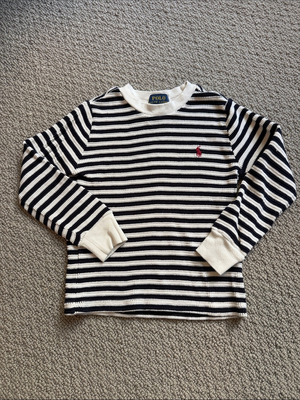 Polo by Ralph Lauren Navy & White Striped Crewneck Sweater with Red Pony